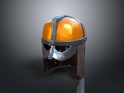 Orange Silver Decorative Medieval Warrior Weapon Helmet With Metal Visor And Leather Neck Guard 3d model