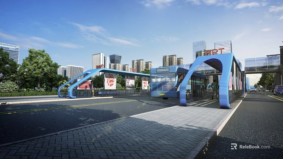 Modern BRT Road Infrastructure with Blue Arch Structures and Urban Skyline 3d model 