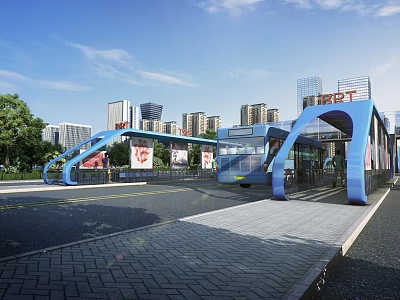 Modern BRT Road Infrastructure with Blue Arch Structures and Urban Skyline 3d model