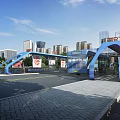 Modern BRT Road Infrastructure with Blue Arch Structures and Urban Skyline 3d model