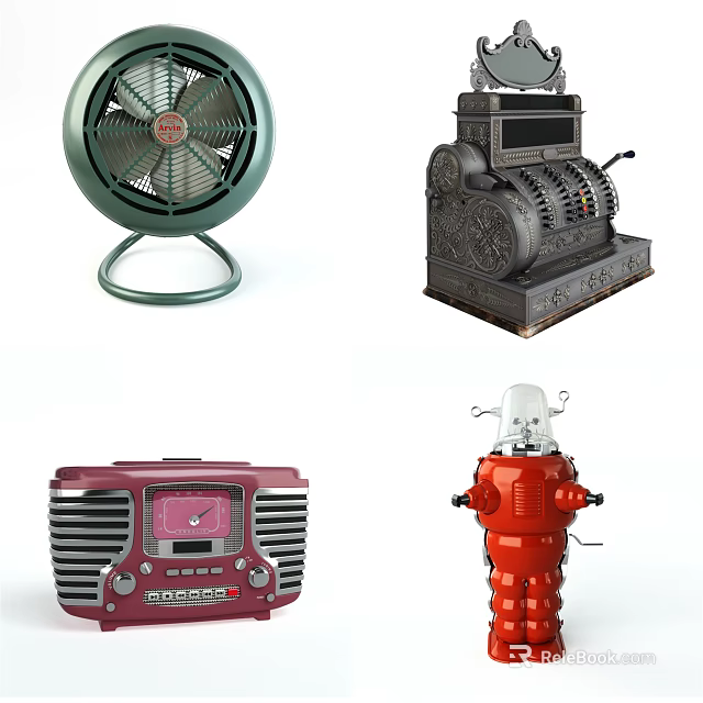 Vintage Office Appliances Collection Featuring Fan Mechanical Calculator Radio And Robot 3d model 