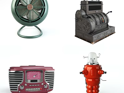 Vintage Office Appliances Collection Featuring Fan Mechanical Calculator Radio And Robot 3d model