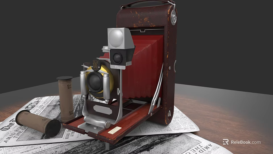 Vintage Commercial Camera Equipment With Brown Leather Case Red Body And Metal Components On Newspaper 3d model 