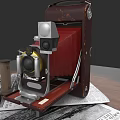 Vintage Commercial Camera Equipment With Brown Leather Case Red Body And Metal Components On Newspaper