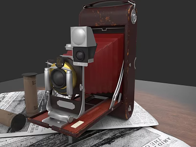 Vintage Commercial Camera Equipment With Brown Leather Case Red Body And Metal Components On Newspaper 3d model