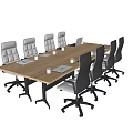 Wooden Meeting Table With Gray Office Chairs Notebooks And Cups For Modern Conference Room Setup