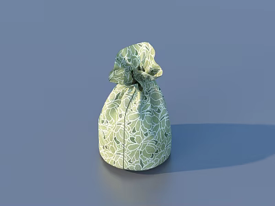 Green Fabric Storage Bag With Leaf Pattern And Knotted Top For Daily Use 3d model