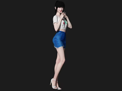 Woman With Short Hair Wearing White T-shirt And Blue Denim Shorts Standing In High Heels 3d model