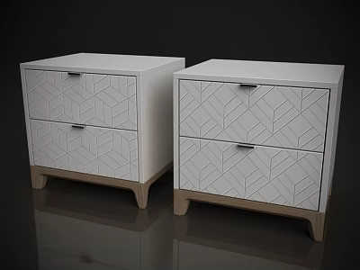 Two Modern White Nightstands With Geometric Pattern Drawers And Light Wooden Legs 3d model