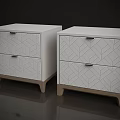 Two Modern White Nightstands With Geometric Pattern Drawers And Light Wooden Legs