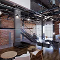 Industrial Style Café Interior With Brick Wall Hanging Pendant Lights Gray Sofa And Staircase