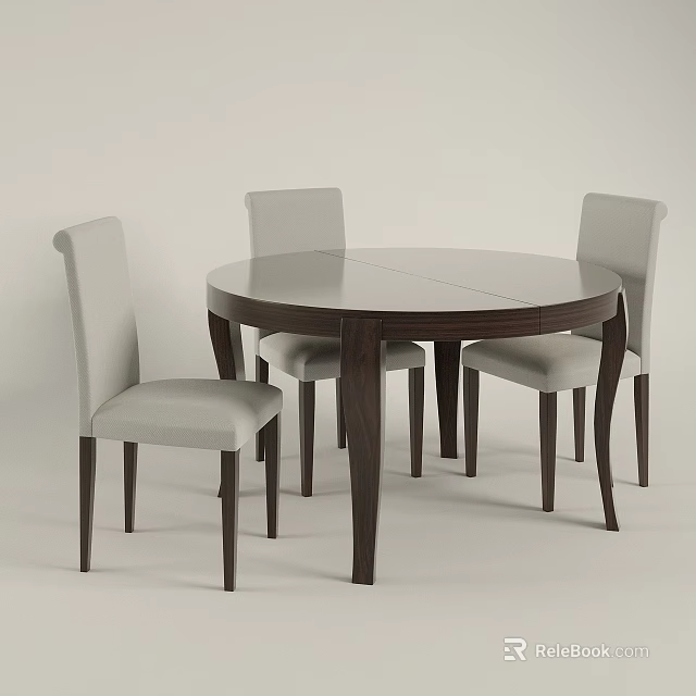 Modern Round Wooden Dining Table Set With Four Light Colored Fabric Chairs 3d model