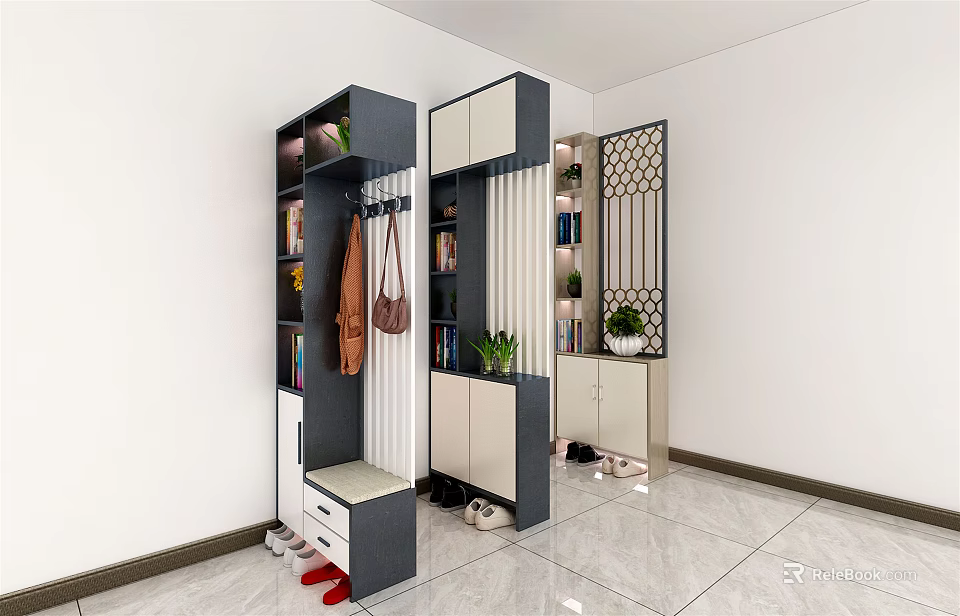 Modern Shoe Cabinet With Hanging Area Storage Compartments Bench And Decorative Plants 3d model 