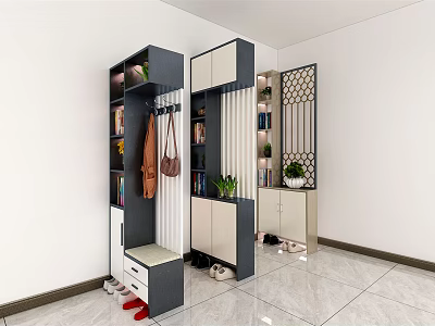 Modern Shoe Cabinet With Hanging Area Storage Compartments Bench And Decorative Plants 3d model