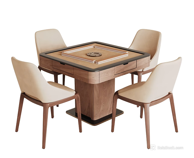 Wooden Entertainment Table With Square Surface And Four Beige Upholstered Chairs 3d model 
