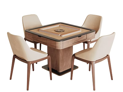 Wooden Entertainment Table With Square Surface And Four Beige Upholstered Chairs 3d model