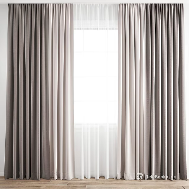 Beige Floor Length Curtains With Sheer Panels For Living Room Window 3d model 