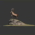 Low Poly 3D Antelope Standing on Rock with Green Ground Surface