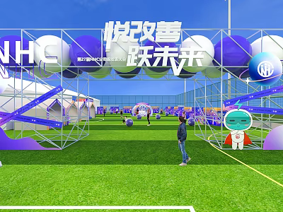 Vibrant Event Entrance With Purple White Balloons And Spherical Decorations On Green Lawn 3d model