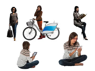 Multiple Women Engaging In Various Daily Activities With Bicycle And Devices 3d model