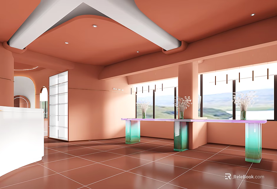 Modern Beauty Hair Salon Interior With Warm Pink Walls Large Windows And Tiled Floor 3d model 