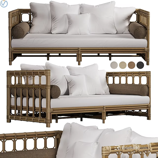 Rattan Sofa With White Cushions And Brown Armrests Multiple Angles 3d model 