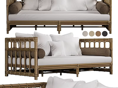 Rattan Sofa With White Cushions And Brown Armrests Multiple Angles 3d model