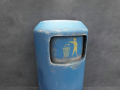 Blue Public Trash Can With Yellow Waste Disposal Icon For Outdoor Use 3d model