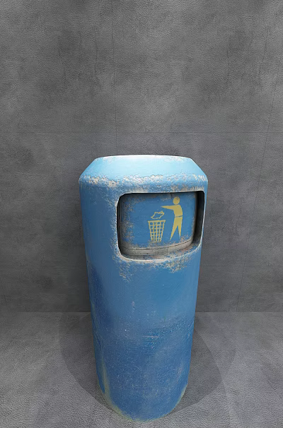 Blue Public Trash Can With Yellow Waste Disposal Icon For Outdoor Use 3d model