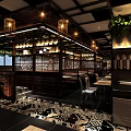 Stylish Restaurant Interior With Hanging Chandeliers Dining Tables Wine Racks And Green Plants