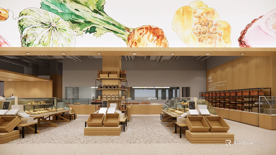 Modern Supermarket Interior Design With Wooden Shelves Display Counters And Watercolor Paintings 3d model 