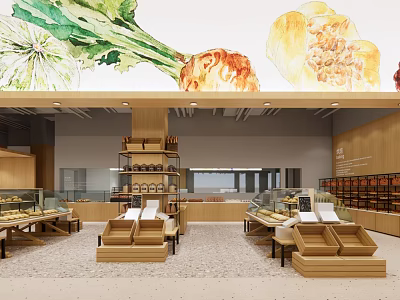 Modern Supermarket Interior Design With Wooden Shelves Display Counters And Watercolor Paintings 3d model