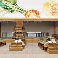 Modern Supermarket Interior Design With Wooden Shelves Display Counters And Watercolor Paintings