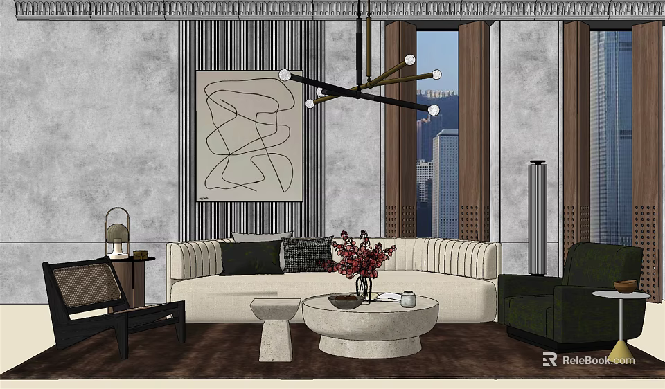Modern Sofa and Coffee Table Set With Abstract Painting Pendant Light and City View Window 3d model 