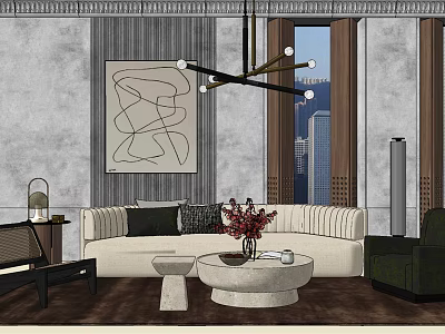 Modern Sofa and Coffee Table Set With Abstract Painting Pendant Light and City View Window 3d model