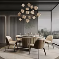 Modern Round Dining Table Set With Beige Chairs And Stylish Chandelier Design 3d model