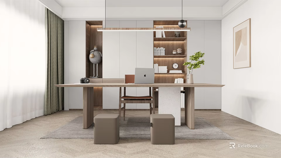 Modern Elegant Wooden Desk With Laptop Bookshelf Green Plant Table Lamp On Rug And Stools 3d model 