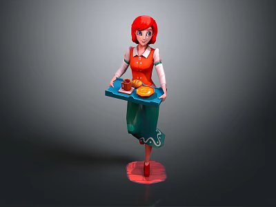 Red Haired Character In Orange Vest Carrying Blue Tray With Food And Drinks 3d model