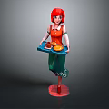 Red Haired Character In Orange Vest Carrying Blue Tray With Food And Drinks