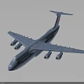 Blue Military Transport Airplane with Four Engines Long Wings Red Tail on Dark Reflective Background