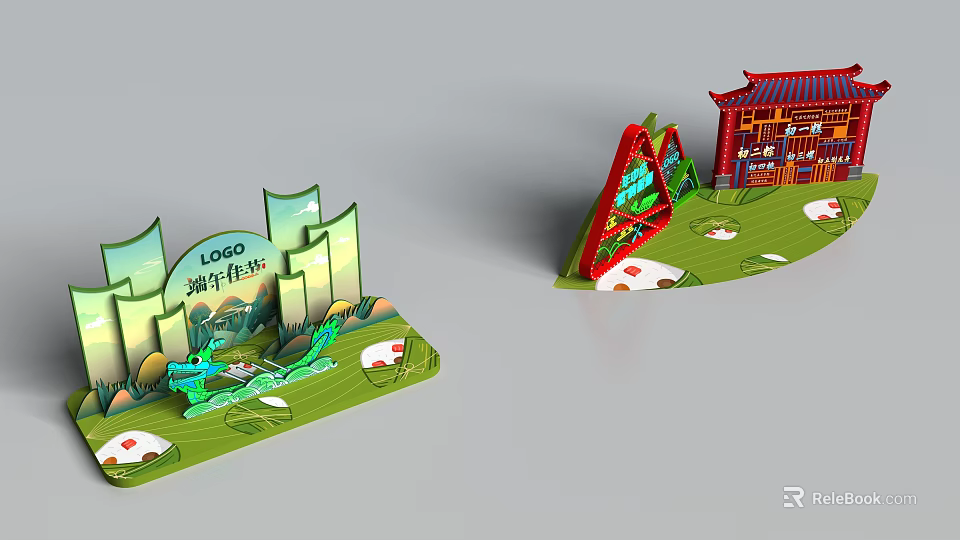 Design Experience Area Display Stands With Traditional Architectural Style Green Elements And White Circles 3d model