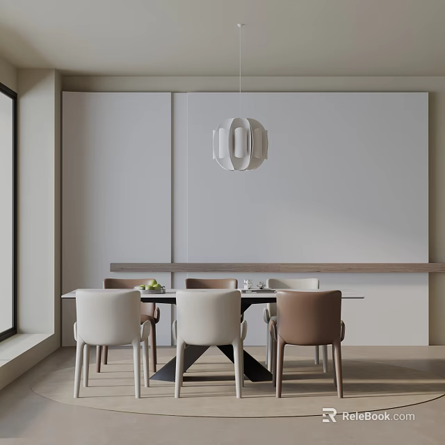 Modern Dining Table Set With White Brown Chairs Pendant Light And Light Wall 3d model 