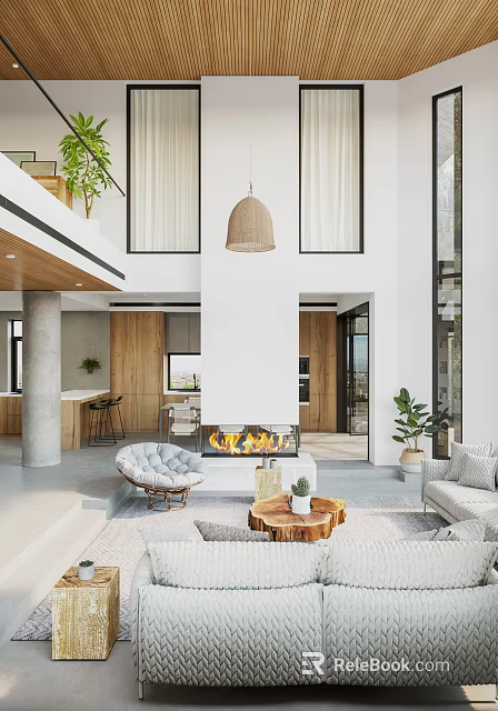 Duplex Living Room Interior Design With Fireplace Woven Pendant Light Cozy Sofa And Indoor Plants 3d model 