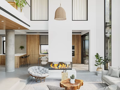 Duplex Living Room Interior Design With Fireplace Woven Pendant Light Cozy Sofa And Indoor Plants 3d model