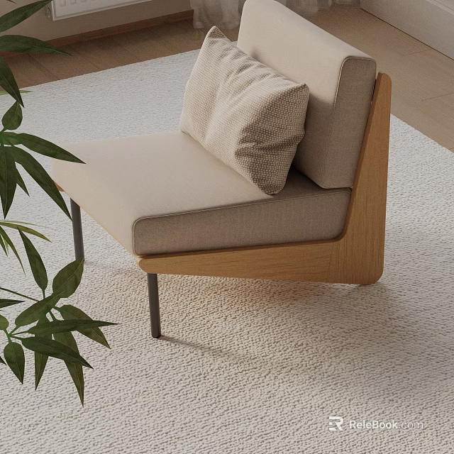 Modern Lounge Chair with Wooden Frame Upholstered Cushion on Rug and Green Plant 3d model 