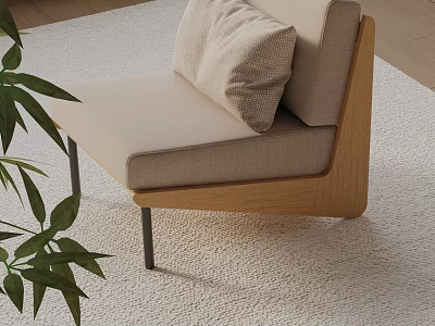 Modern Lounge Chair with Wooden Frame Upholstered Cushion on Rug and Green Plant 3d model