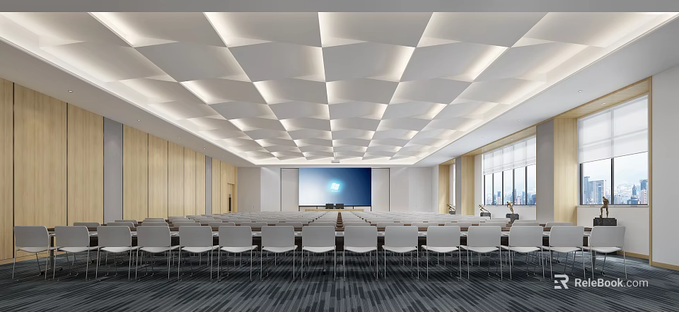 Modern Conference Room Interior Design With Geometric Ceiling Large Screen And Rows Of Chairs 3d model 
