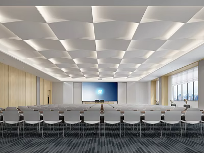 Modern Conference Room Interior Design With Geometric Ceiling Large Screen And Rows Of Chairs 3d model