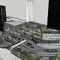 Modern Commercial Street With Tall Buildings Green Spaces And Urban Roads