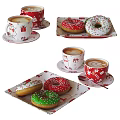 Festive Christmas Decorative Coffee Mugs With Latte And Snowman Gift Patterns On Saucers